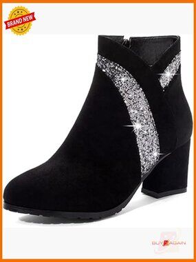 Glitter Ankle Boots Chunky Heel Side Zipper Round Toe Dressy Booties